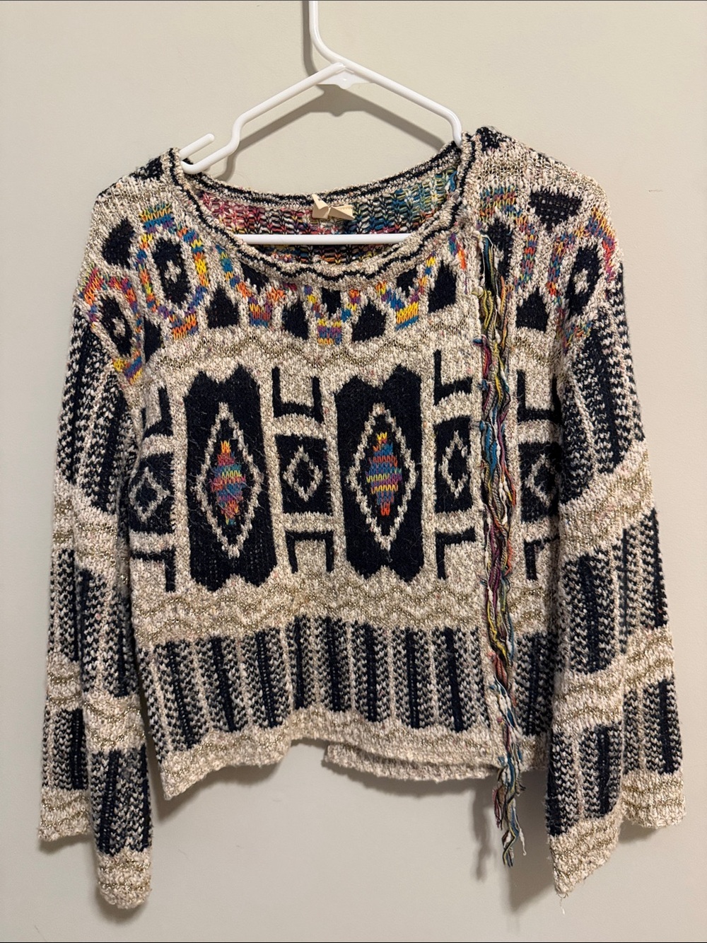 Moth Cream & Navy Geometric Crewneck Sweater with Multicolor Tassel